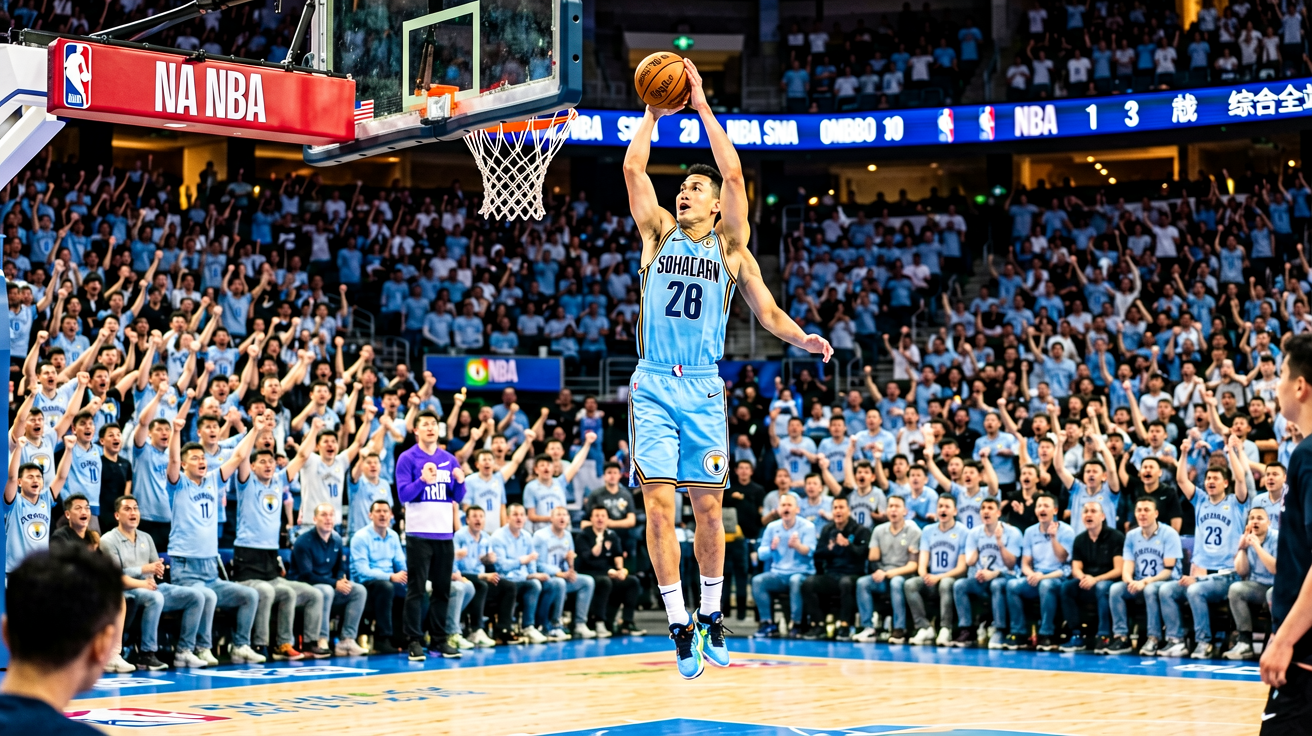 NBA篮球比赛现场，球员在空中扣篮，观众热情欢呼